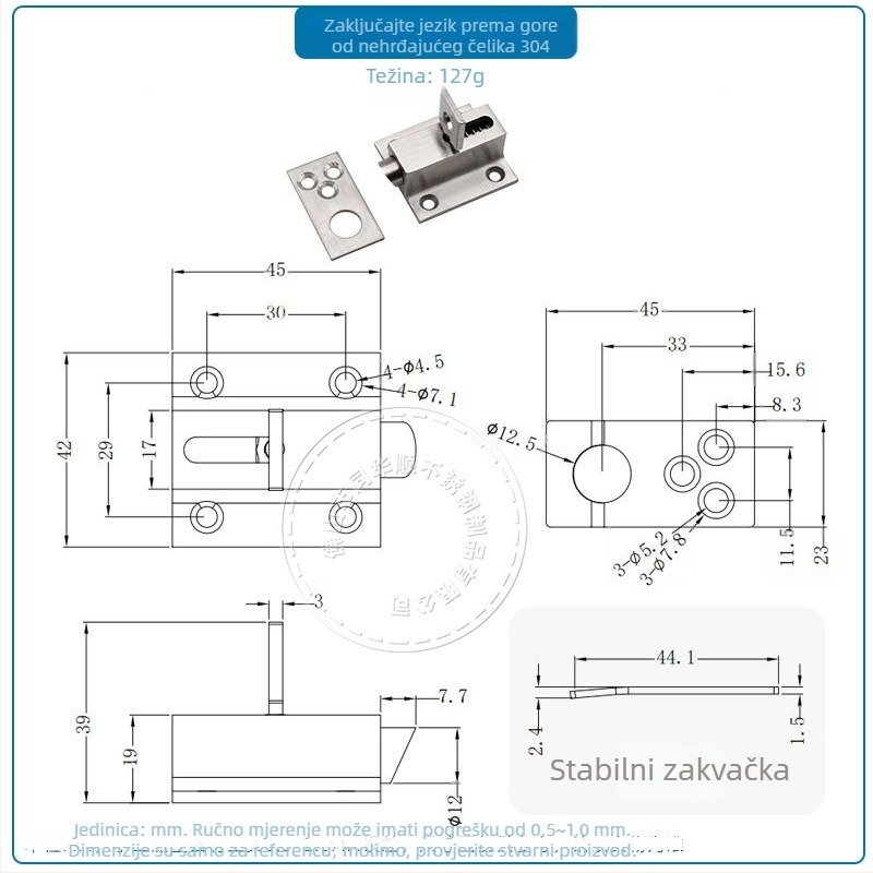 Ts1010 Čvrsti nehrđajući čelični avionski zasun za vrata i prozore, automatska blokada s boltom, brušeni završetak, 201/304/316 SS, povlačna kuka