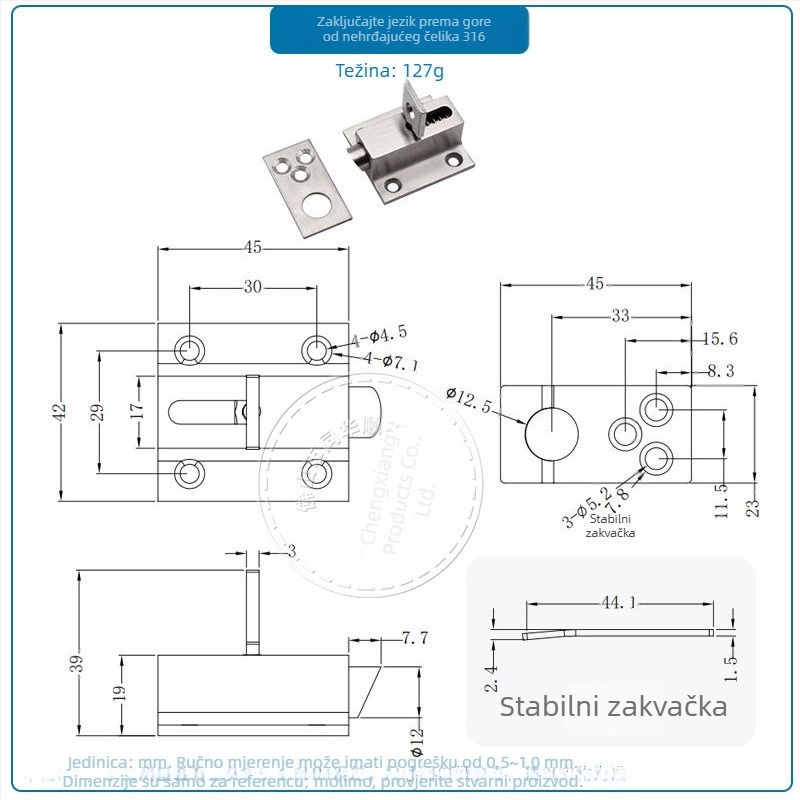 Ts1010 Čvrsti nehrđajući čelični avionski zasun za vrata i prozore, automatska blokada s boltom, brušeni završetak, 201/304/316 SS, povlačna kuka