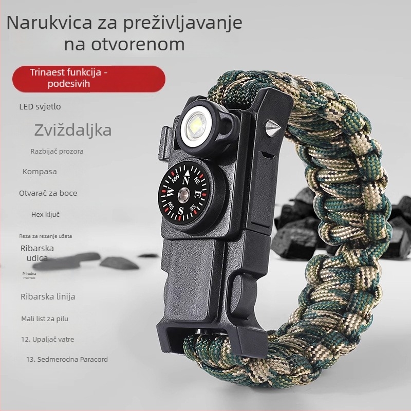 Narukvica za preživljavanje — 13-u-1 paracord, višenamjenski alat za samoozaštitu, tkanani alat za preživljavanje