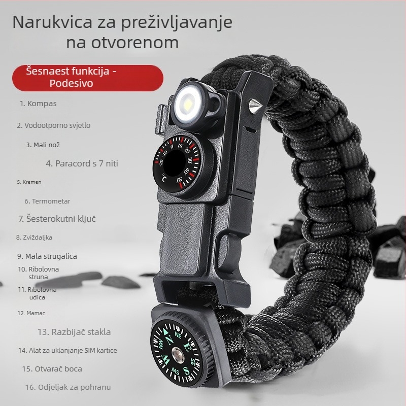 Narukvica za preživljavanje — 13-u-1 paracord, višenamjenski alat za samoozaštitu, tkanani alat za preživljavanje