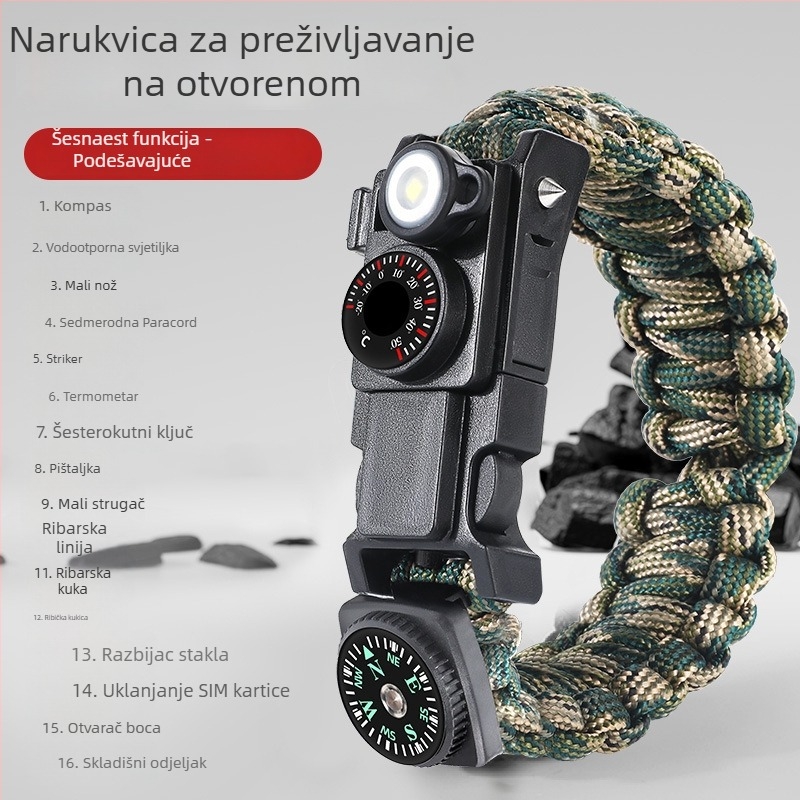 Narukvica za preživljavanje — 13-u-1 paracord, višenamjenski alat za samoozaštitu, tkanani alat za preživljavanje
