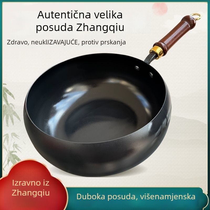Ručno kovani wok od finog željeza, bez premaza, s jednim dnom