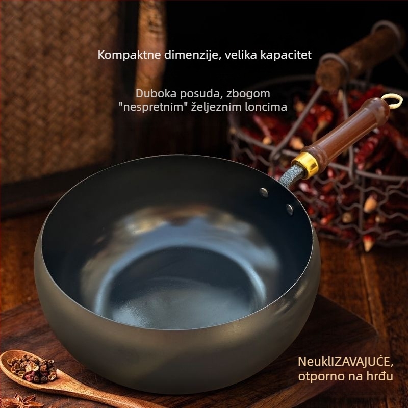 Ručno kovani wok od finog željeza, bez premaza, s jednim dnom
