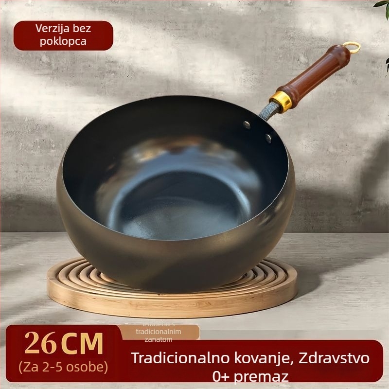 Ručno kovani wok od finog željeza, bez premaza, s jednim dnom