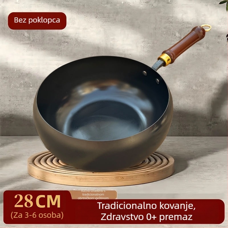 Ručno kovani wok od finog željeza, bez premaza, s jednim dnom