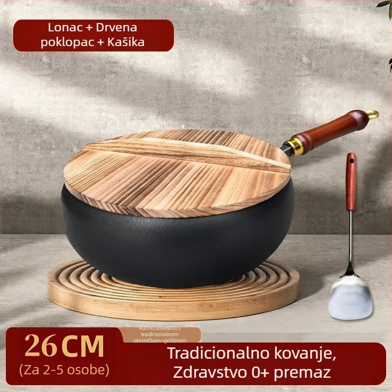 Ručno kovani wok od finog željeza, bez premaza, s jednim dnom