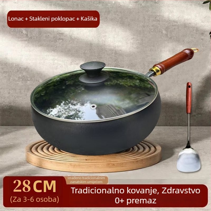 Ručno kovani wok od finog željeza, bez premaza, s jednim dnom