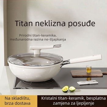Wok s titanij-keramičkim premazom protiv ljepila, 304 nehrđajući čelik, kompatibilan s indukcijom, stakleni poklopac, jednostruko dno
