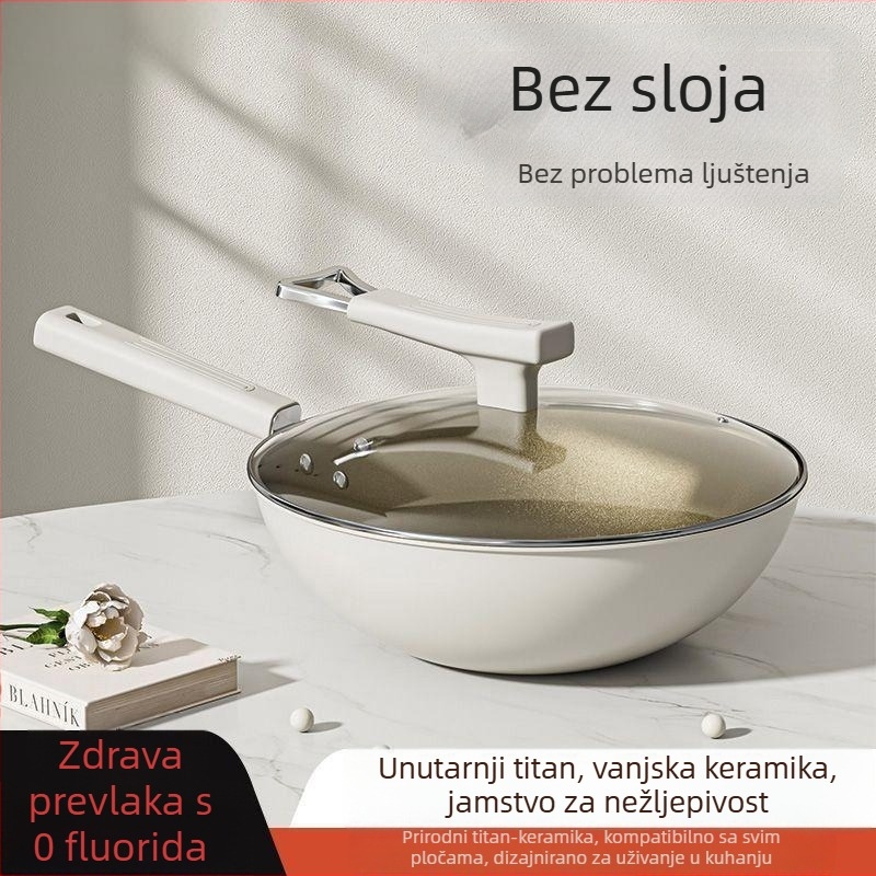 Wok s titanij-keramičkim premazom protiv ljepila, 304 nehrđajući čelik, kompatibilan s indukcijom, stakleni poklopac, jednostruko dno