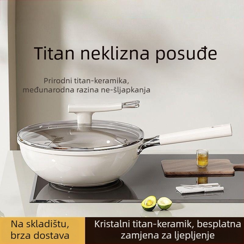 Wok s titanij-keramičkim premazom protiv ljepila, 304 nehrđajući čelik, kompatibilan s indukcijom, stakleni poklopac, jednostruko dno