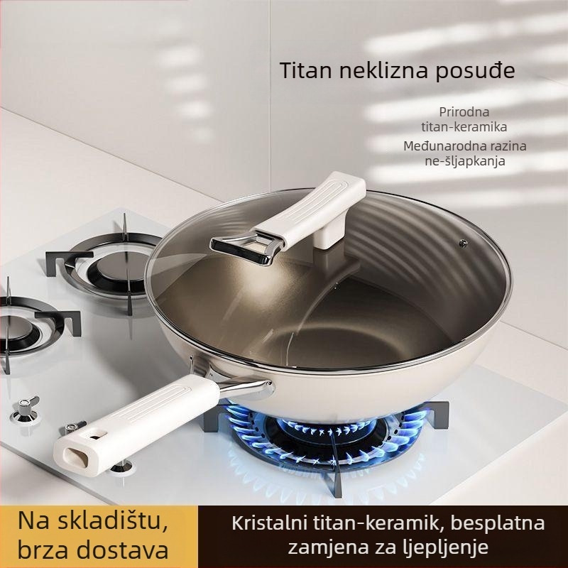 Wok s titanij-keramičkim premazom protiv ljepila, 304 nehrđajući čelik, kompatibilan s indukcijom, stakleni poklopac, jednostruko dno