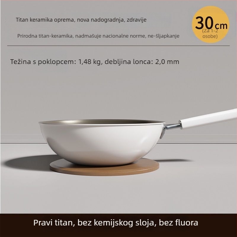 Wok s titanij-keramičkim premazom protiv ljepila, 304 nehrđajući čelik, kompatibilan s indukcijom, stakleni poklopac, jednostruko dno
