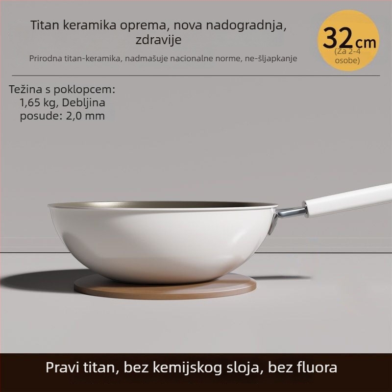 Wok s titanij-keramičkim premazom protiv ljepila, 304 nehrđajući čelik, kompatibilan s indukcijom, stakleni poklopac, jednostruko dno