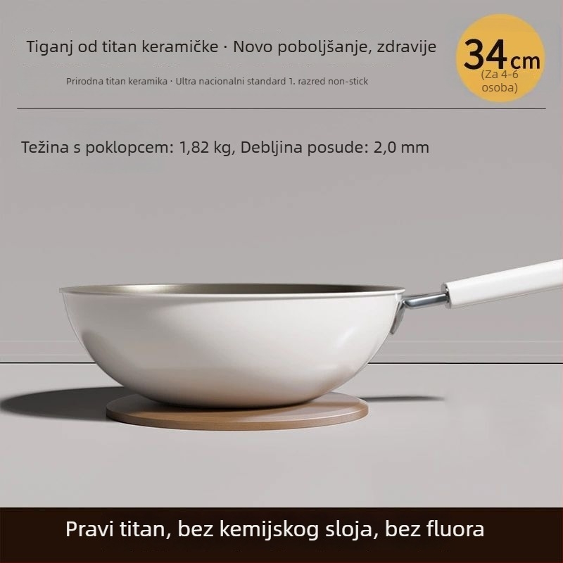 Wok s titanij-keramičkim premazom protiv ljepila, 304 nehrđajući čelik, kompatibilan s indukcijom, stakleni poklopac, jednostruko dno
