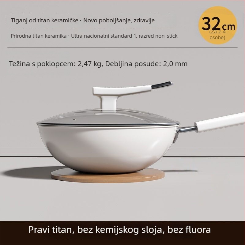 Wok s titanij-keramičkim premazom protiv ljepila, 304 nehrđajući čelik, kompatibilan s indukcijom, stakleni poklopac, jednostruko dno