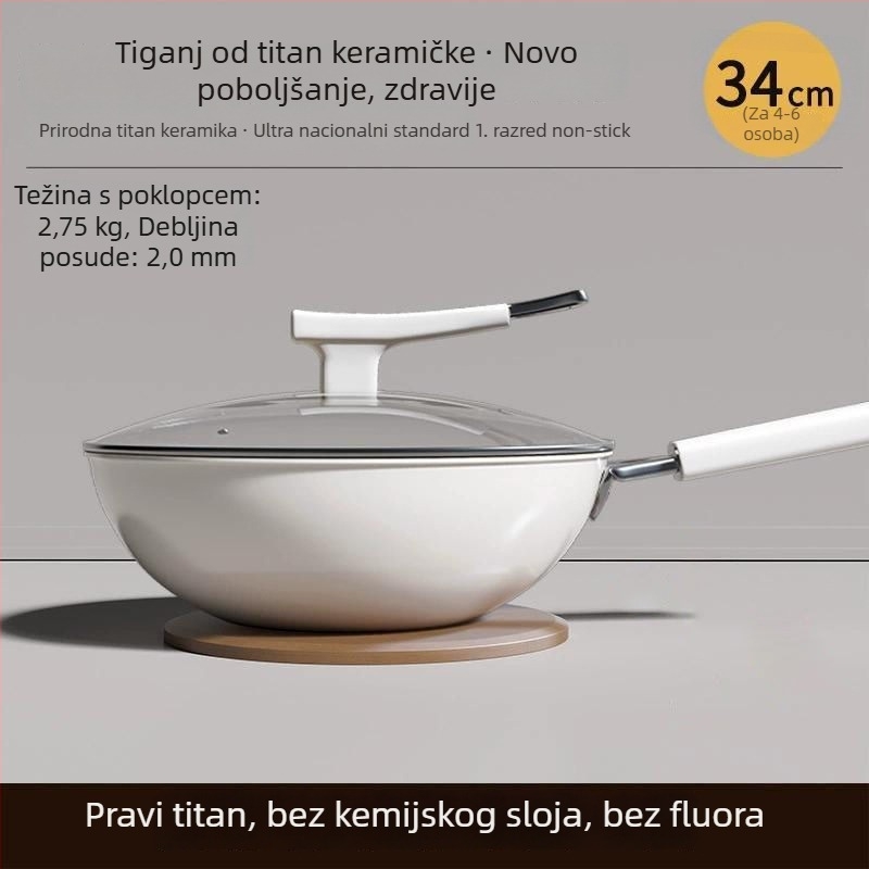 Wok s titanij-keramičkim premazom protiv ljepila, 304 nehrđajući čelik, kompatibilan s indukcijom, stakleni poklopac, jednostruko dno