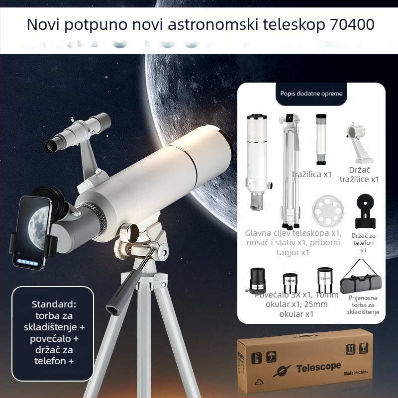 Astronomski teleskop s HD zaslonom i mogućnošću povezivanja s pametnim telefonom za HD fotografije i videe; velik otvor objektiva.