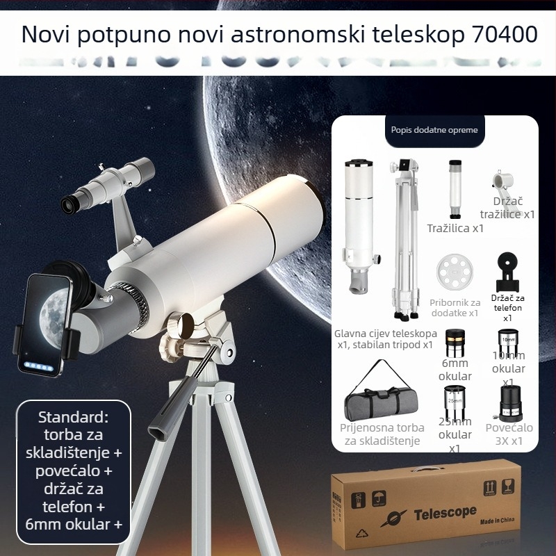Astronomski teleskop s HD zaslonom i mogućnošću povezivanja s pametnim telefonom za HD fotografije i videe; velik otvor objektiva.