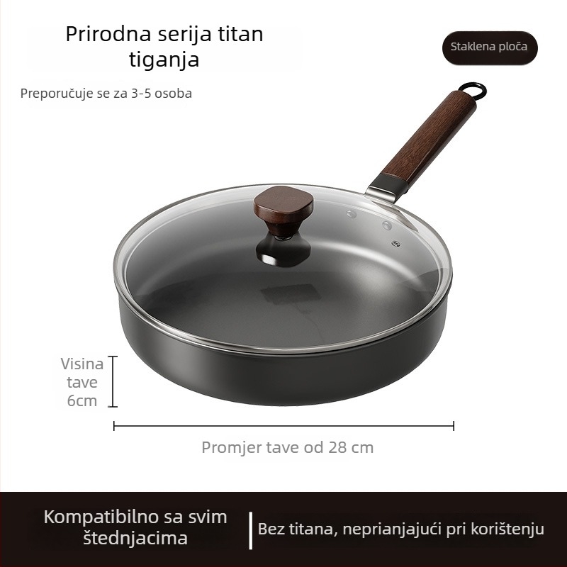 Wok tiganj bez premaza s staklenim poklopcem (lijevano željezo; univerzalni štednjak kompatibilnost; model AJYSA; moderni minimalizam)