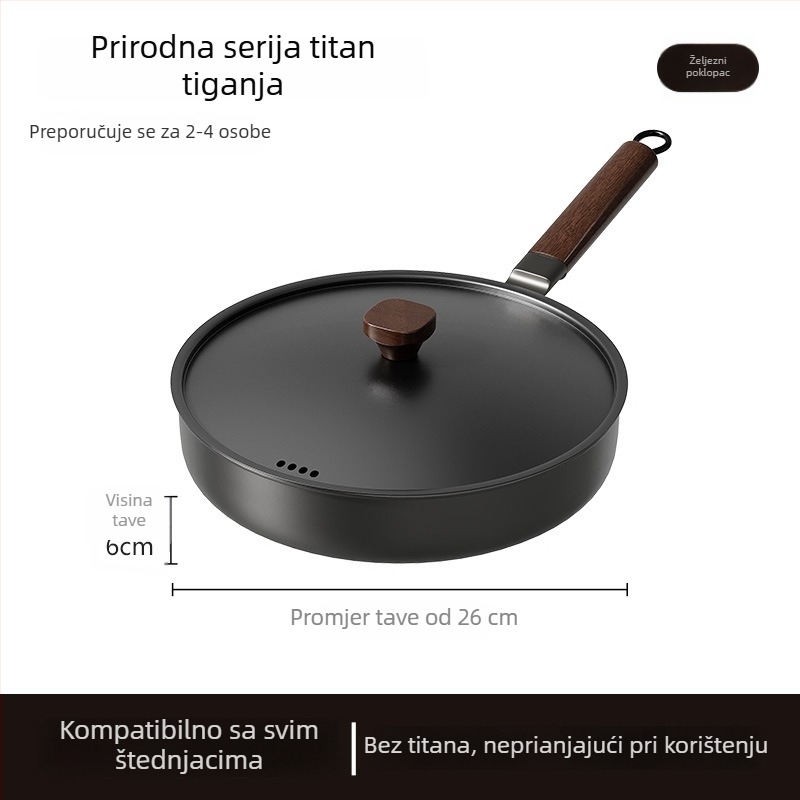 Wok tiganj bez premaza s staklenim poklopcem (lijevano željezo; univerzalni štednjak kompatibilnost; model AJYSA; moderni minimalizam)