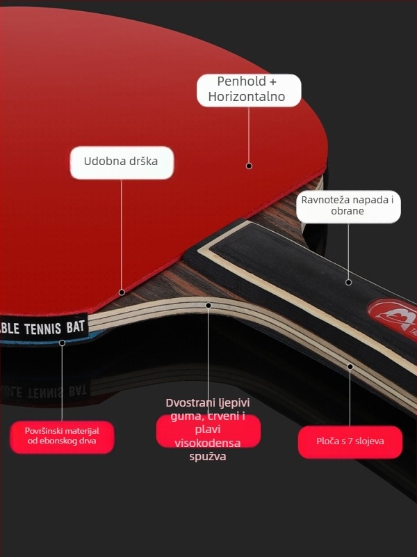 Raketa za stolni tenis s dugim držačem, direktan udarac, ljepilo guma, višeslojna ploča (Poplar, basswood, ebony, teak) za početnike