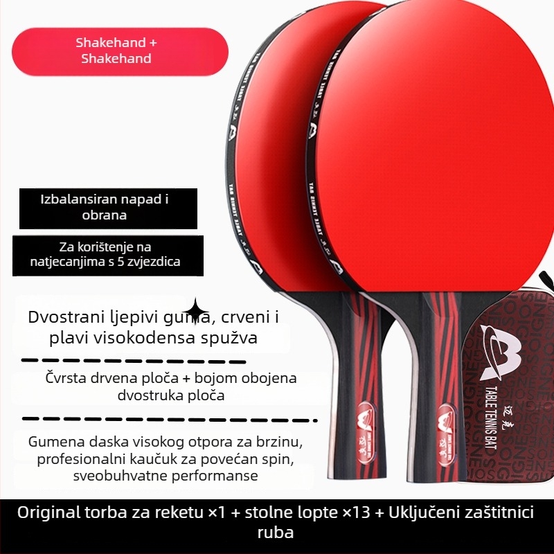 Raketa za stolni tenis s dugim držačem, direktan udarac, ljepilo guma, višeslojna ploča (Poplar, basswood, ebony, teak) za početnike