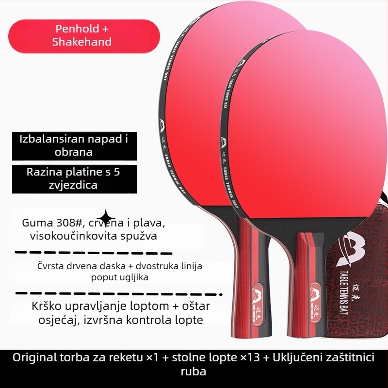 Raketa za stolni tenis s dugim držačem, direktan udarac, ljepilo guma, višeslojna ploča (Poplar, basswood, ebony, teak) za početnike