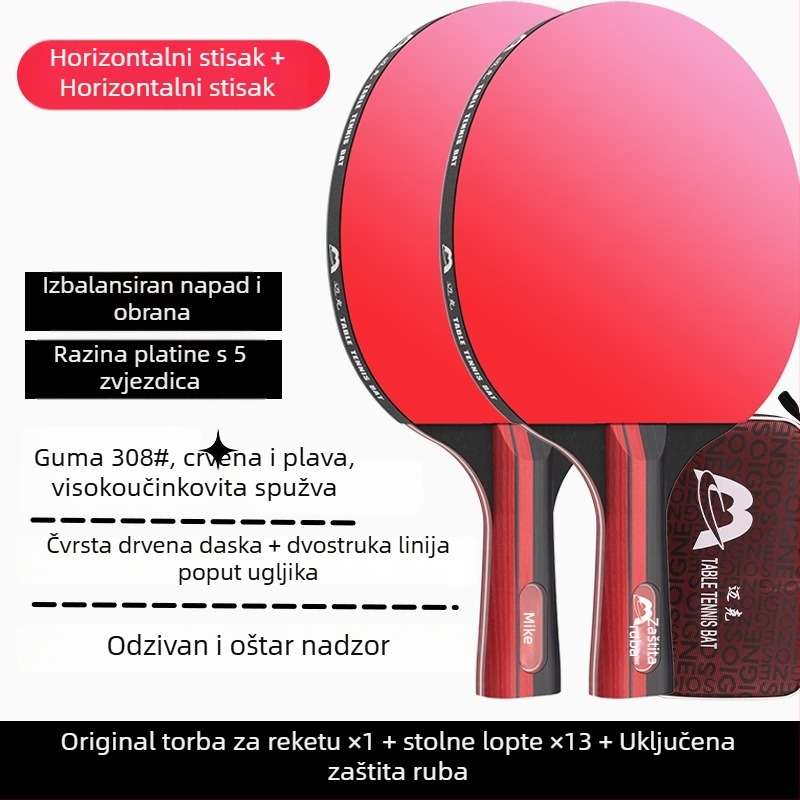 Raketa za stolni tenis s dugim držačem, direktan udarac, ljepilo guma, višeslojna ploča (Poplar, basswood, ebony, teak) za početnike