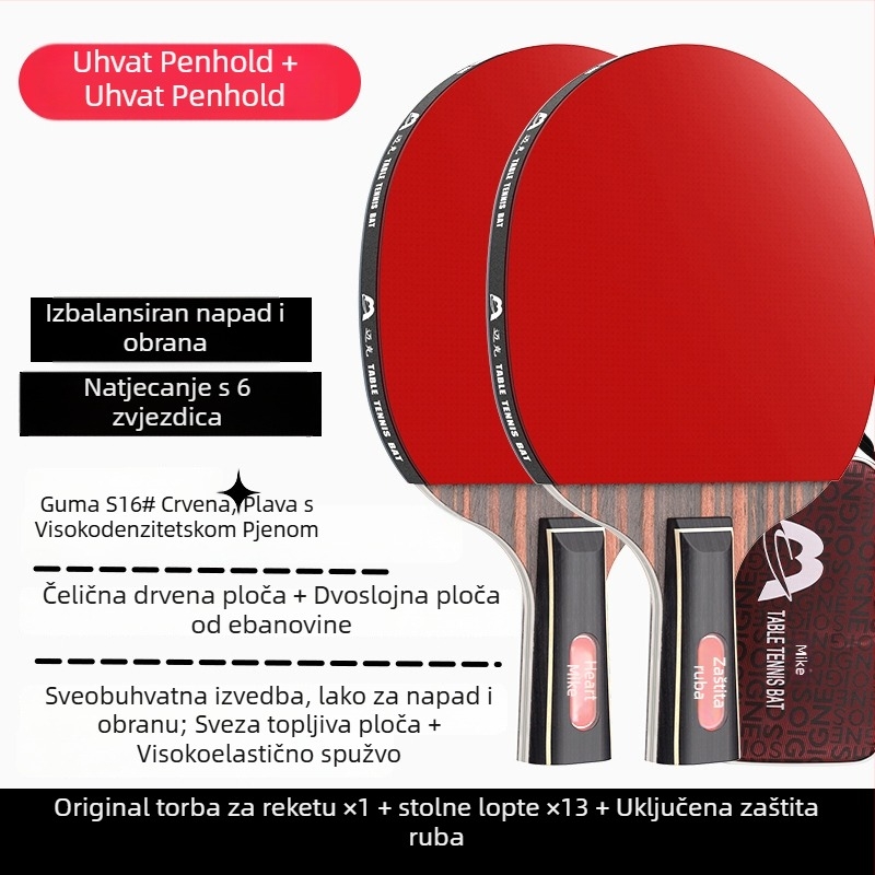 Raketa za stolni tenis s dugim držačem, direktan udarac, ljepilo guma, višeslojna ploča (Poplar, basswood, ebony, teak) za početnike