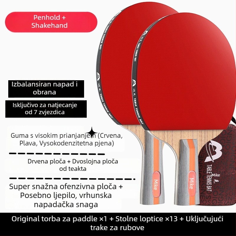 Raketa za stolni tenis s dugim držačem, direktan udarac, ljepilo guma, višeslojna ploča (Poplar, basswood, ebony, teak) za početnike