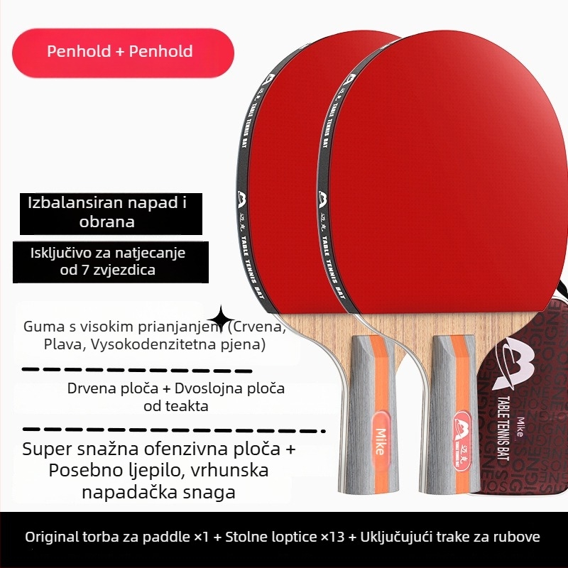 Raketa za stolni tenis s dugim držačem, direktan udarac, ljepilo guma, višeslojna ploča (Poplar, basswood, ebony, teak) za početnike