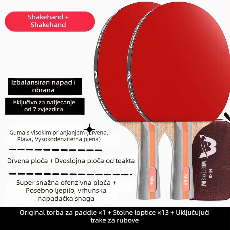 Raketa za stolni tenis s dugim držačem, direktan udarac, ljepilo guma, višeslojna ploča (Poplar, basswood, ebony, teak) za početnike