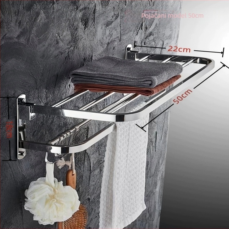 Sklopeivi stalak za ručnike od 304 nehrđajućeg čelika, zidni, bez bušenja, jednostruki kupaonski organizator, polirana površina, nosivost 20
