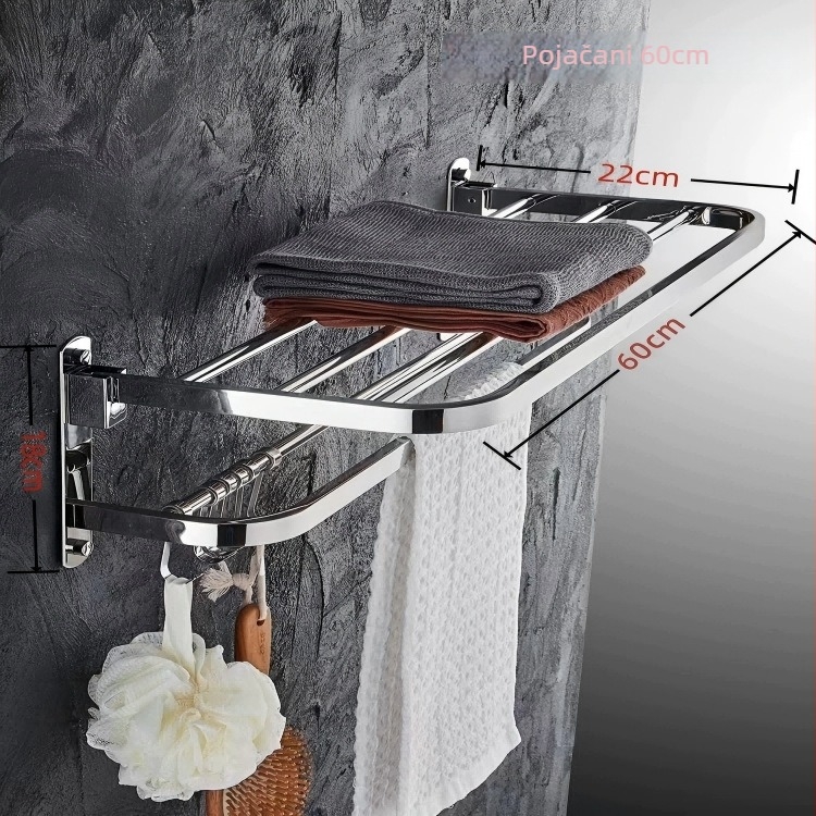 Sklopeivi stalak za ručnike od 304 nehrđajućeg čelika, zidni, bez bušenja, jednostruki kupaonski organizator, polirana površina, nosivost 20