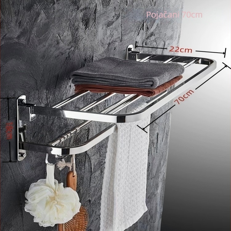 Sklopeivi stalak za ručnike od 304 nehrđajućeg čelika, zidni, bez bušenja, jednostruki kupaonski organizator, polirana površina, nosivost 20