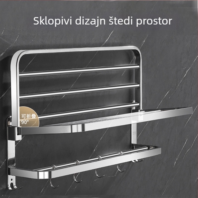 Sklopeivi stalak za ručnike od 304 nehrđajućeg čelika, zidni, bez bušenja, jednostruki kupaonski organizator, polirana površina, nosivost 20