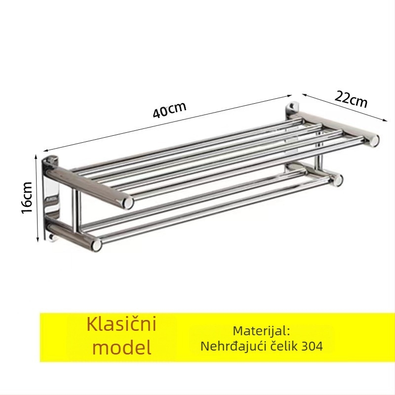 Sklopeivi stalak za ručnike od 304 nehrđajućeg čelika, zidni, bez bušenja, jednostruki kupaonski organizator, polirana površina, nosivost 20