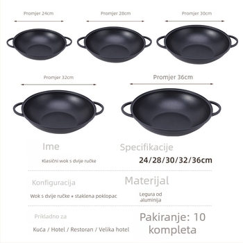 Wok od aluminijske legure, trostruko dno, dvostruke drške, staklena poklopac