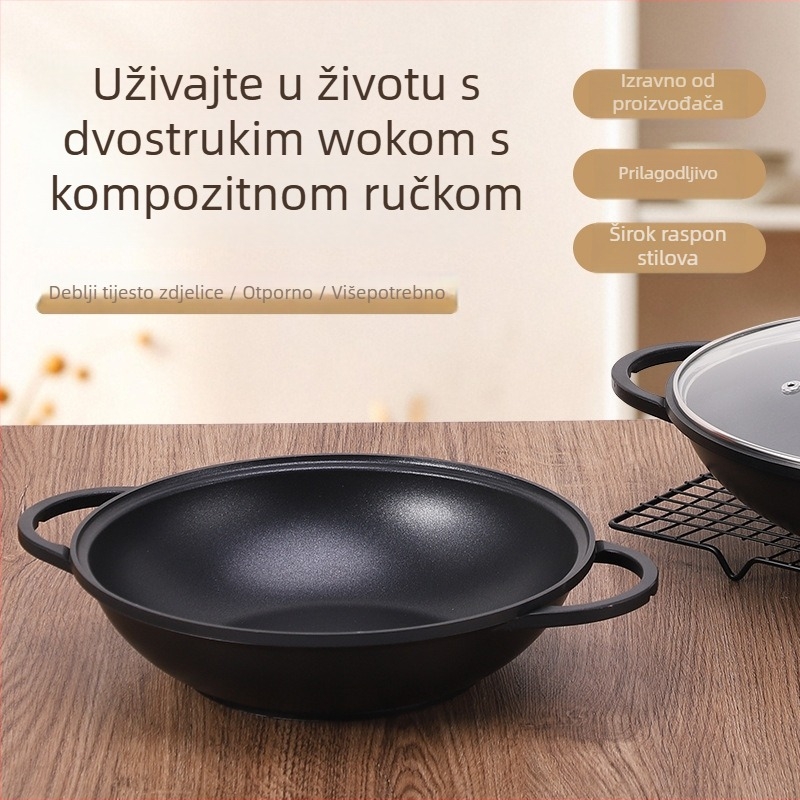 Wok od aluminijske legure, trostruko dno, dvostruke drške, staklena poklopac