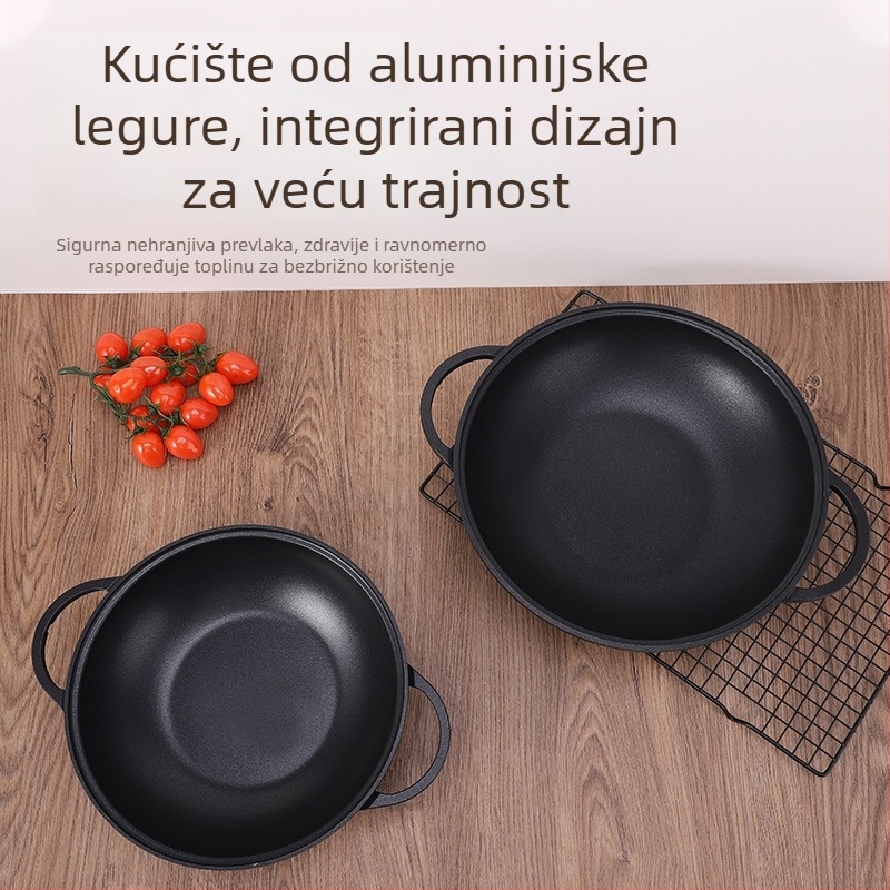 Wok od aluminijske legure, trostruko dno, dvostruke drške, staklena poklopac