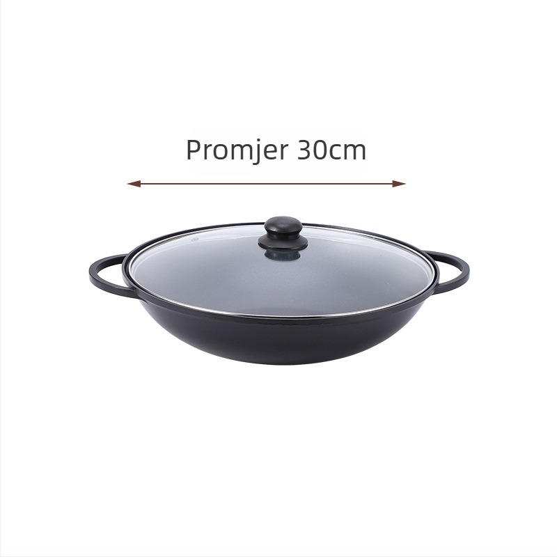 Wok od aluminijske legure, trostruko dno, dvostruke drške, staklena poklopac