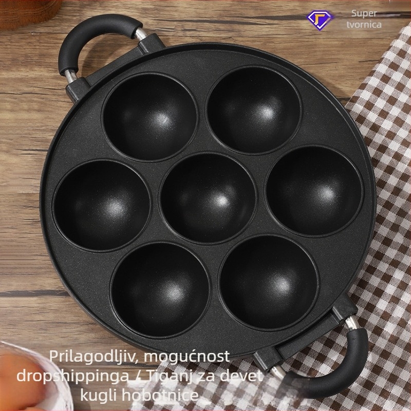 Neprijanjajući tiganj za jaja i takoyaki s aluminijskim kalupom, stakleni poklopac, pogodan za plin