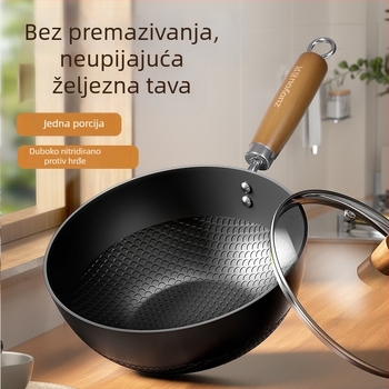 Wok od finog željeza s staklenim poklopcem, s jednim dnom, bez premaza, pogodan za plinsku ploču