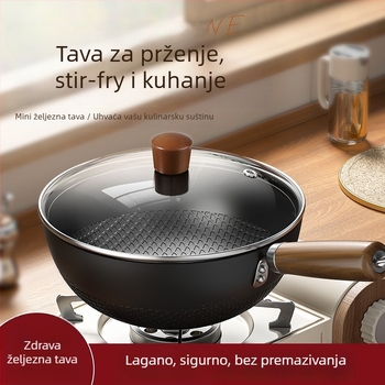 Wok od finog željeza s staklenim poklopcem, s jednim dnom, bez premaza, pogodan za plinsku ploču