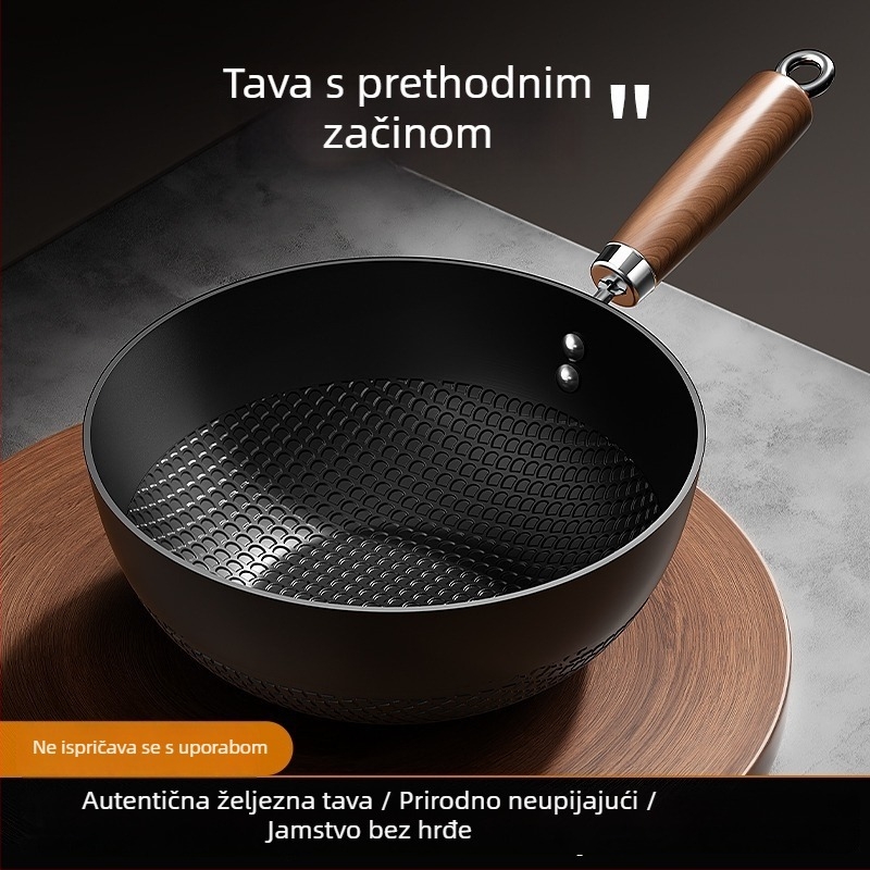 Wok od finog željeza s staklenim poklopcem, s jednim dnom, bez premaza, pogodan za plinsku ploču
