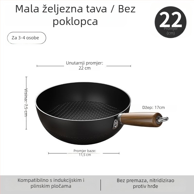 Wok od finog željeza s staklenim poklopcem, s jednim dnom, bez premaza, pogodan za plinsku ploču