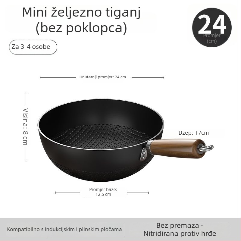 Wok od finog željeza s staklenim poklopcem, s jednim dnom, bez premaza, pogodan za plinsku ploču