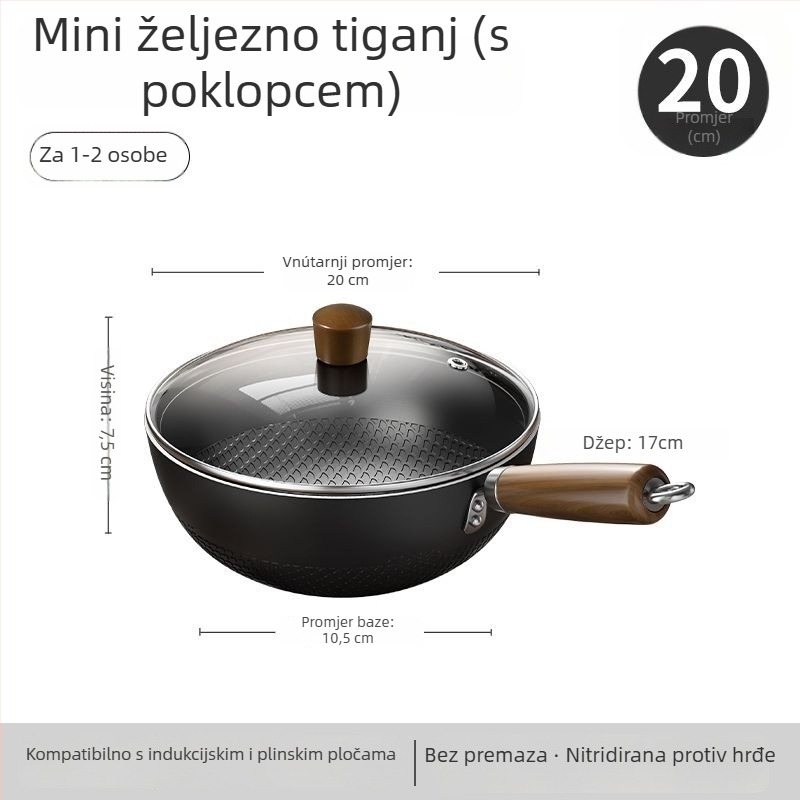 Wok od finog željeza s staklenim poklopcem, s jednim dnom, bez premaza, pogodan za plinsku ploču