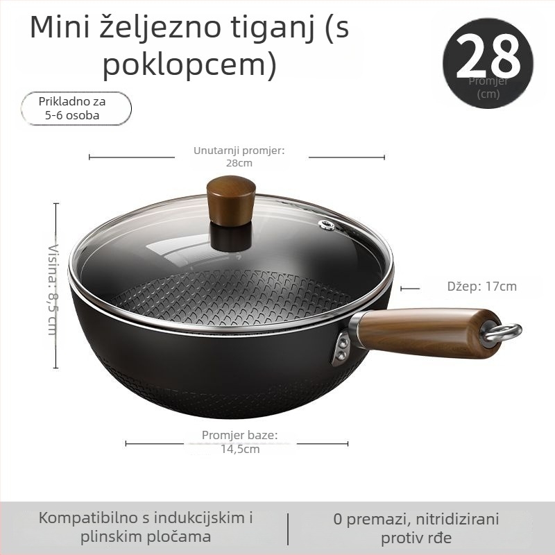 Wok od finog željeza s staklenim poklopcem, s jednim dnom, bez premaza, pogodan za plinsku ploču