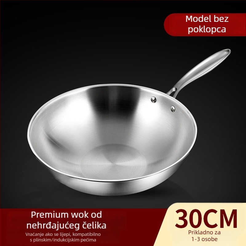 Wok od nehrđajućeg čelika s nelepljivom površinom, s jednim dnom, dubina 10 cm, kompatibilan s indukcijskim i plinskim pločama